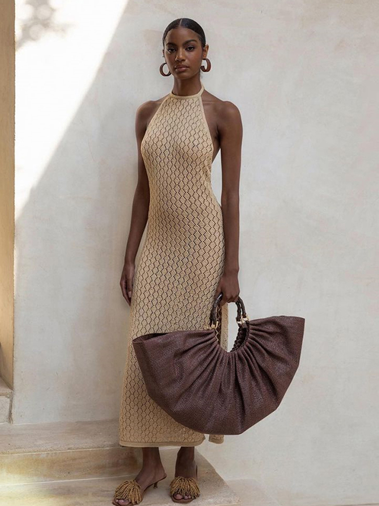 Asia Knitted Summer Dress Backless Cut out Stretch Halter Tie up Solid Color Maxi Dresses for Women Party Club Sexy Robe 220511
