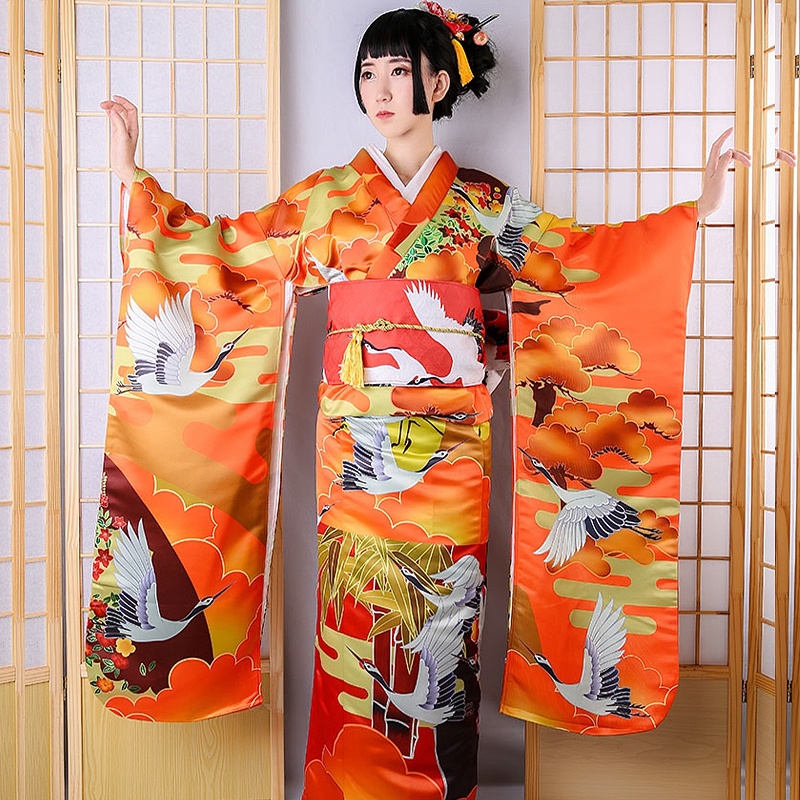 Ethnic Clothing Vibration sleeve women kimono formal dress autumn winter thickened fabric object auspicious cloud crane brocade show Kimonno