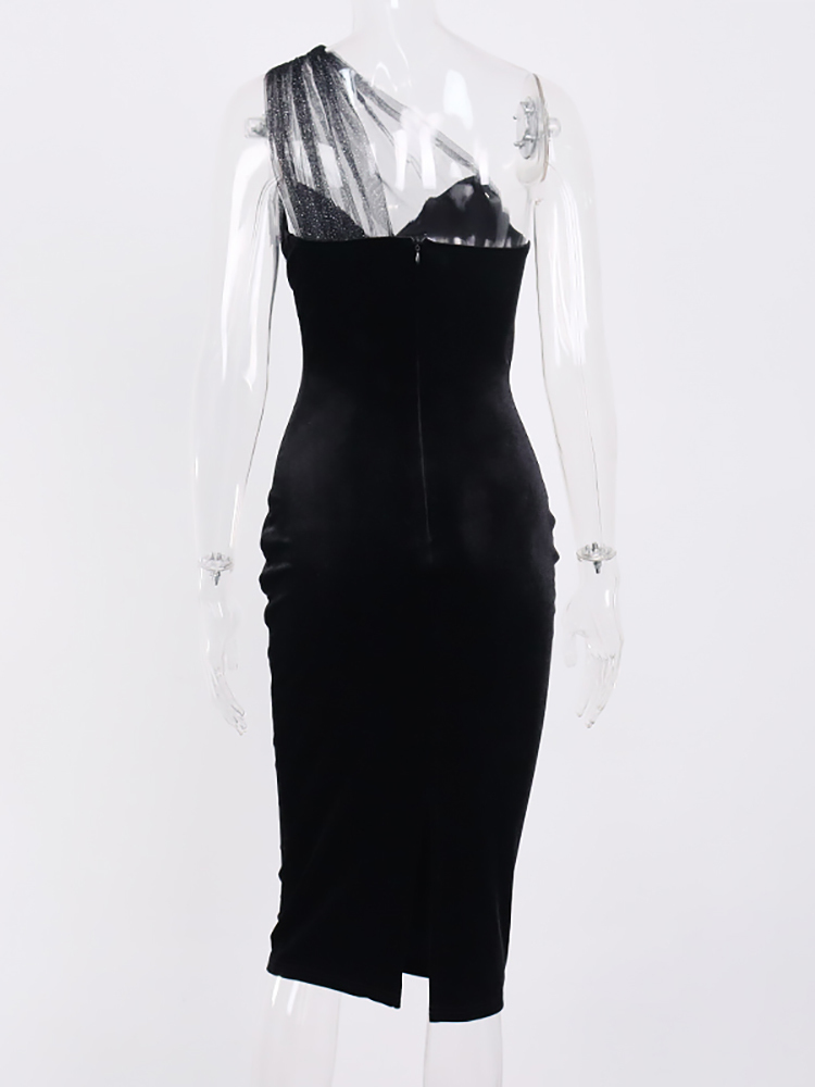 Asia Single Shoulder Midi Dress Polka Dot Cut out Mesh Velour Sexy Split Black Dress Woman Elegant Fashion Bodycon Party Wear 220511