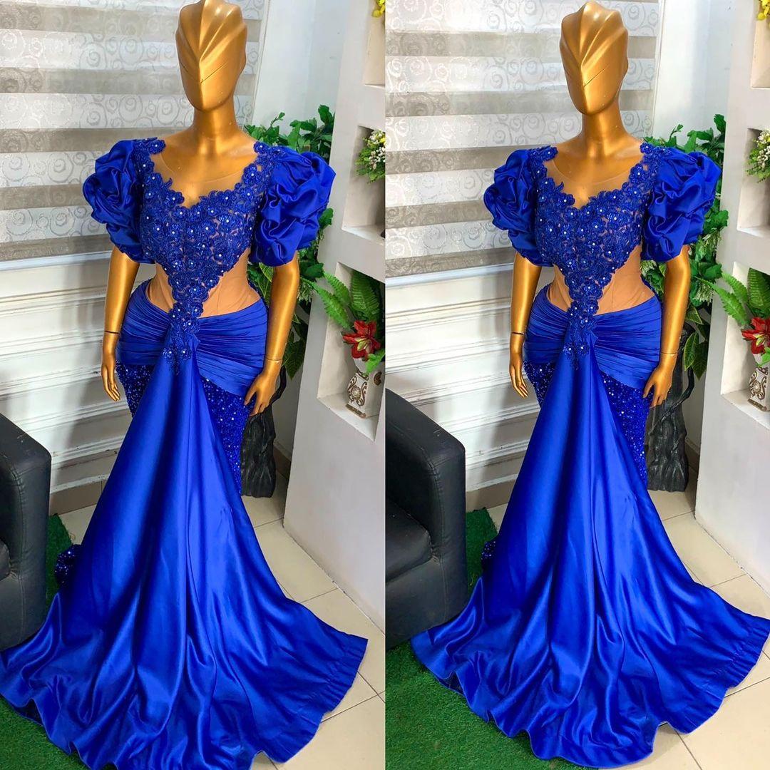 Royal Blue Stain Evening Dresses with Puffy Sleeve 2022 Lace Beaded Arabic Aso Ebi Mermaid Prom Formal Party Second Reception Birthday Engagement Gown