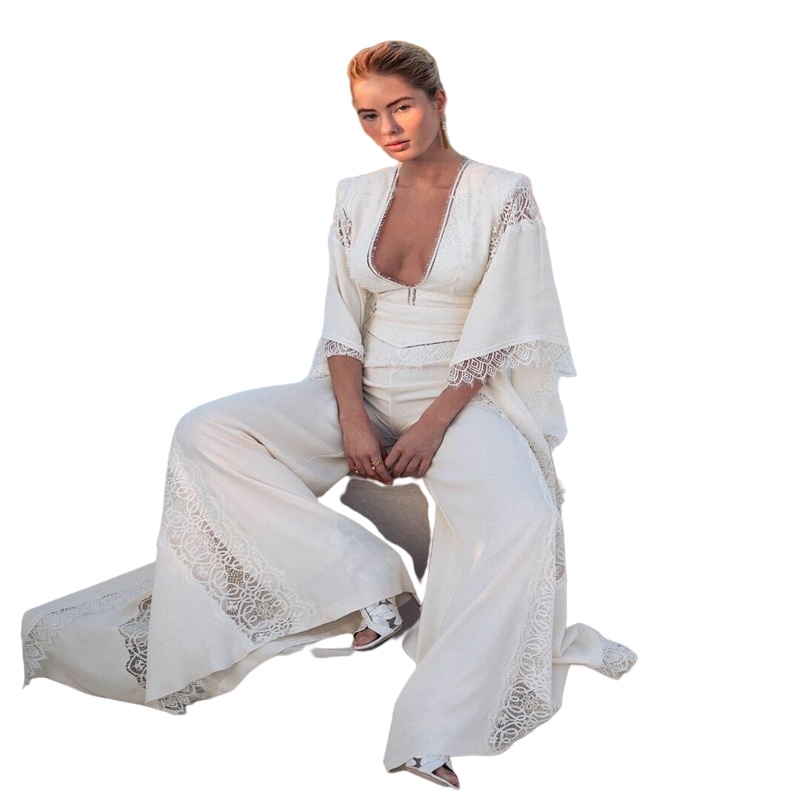 Boho jumpsuit Wedding Dresses Long Sleeves crochet lace Appliqued beach Bridal Gowns pant suit outfit Sexy Robes De Mariee