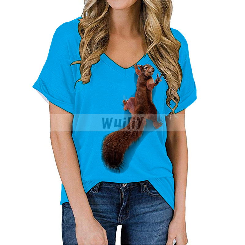 Women's Squirrel T-Shirt Lovely Graphic T Animal 3D Print Cotton V-neck Cute Tops Girls Pet Tees 220328