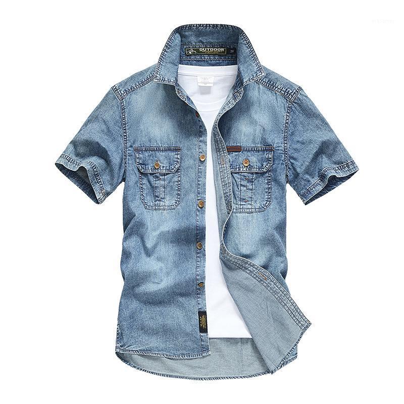 Summer Short-sleeved Denim SHIRT Men's European Code Tooling Casual Shirts, Beige