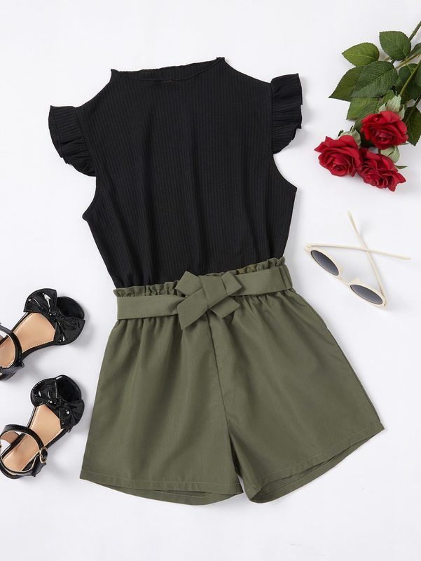 Girls Ruffle Sleeve Top & Paperbag Waist Tie Front Shorts SHE
