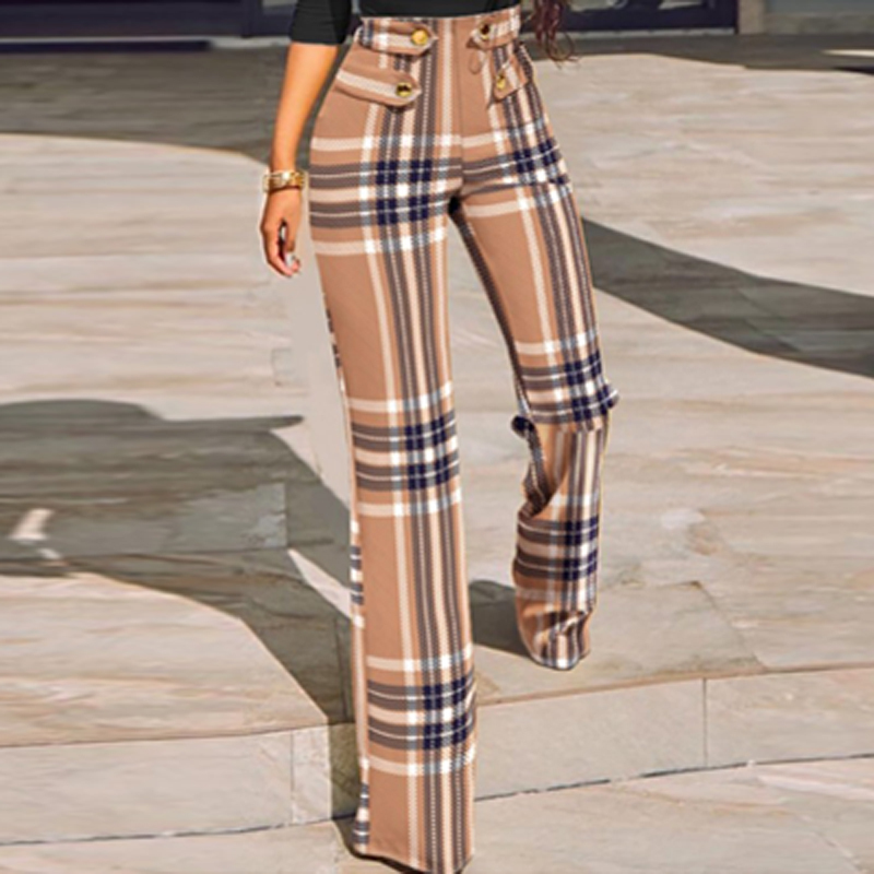 Women Autumn Slim Bodycon Trousers Spring High Waist Buttoned Office Suit Pants Houndstooth Plaid Print Straight Mujer 220325