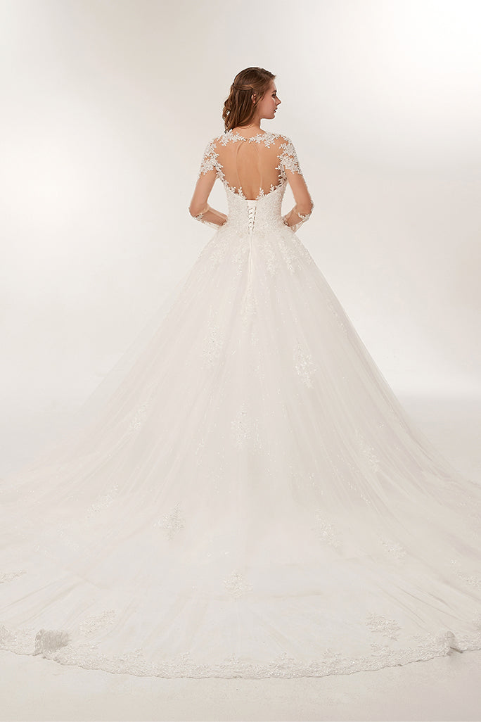 Elegant Long Sleeve Lace A Line Wedding Dress For Bride Sheer Jewel Neck Church Wedding Gowns Court Train Ivort Tulle Country Bridal Dresses 2022 Vest