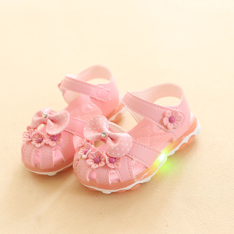 Toddler Girls Summer Sandals LED with Lights Infant Girls Sandals Flower Bow Luminous Lightweight Breathable Kids Baby Shoes 220609