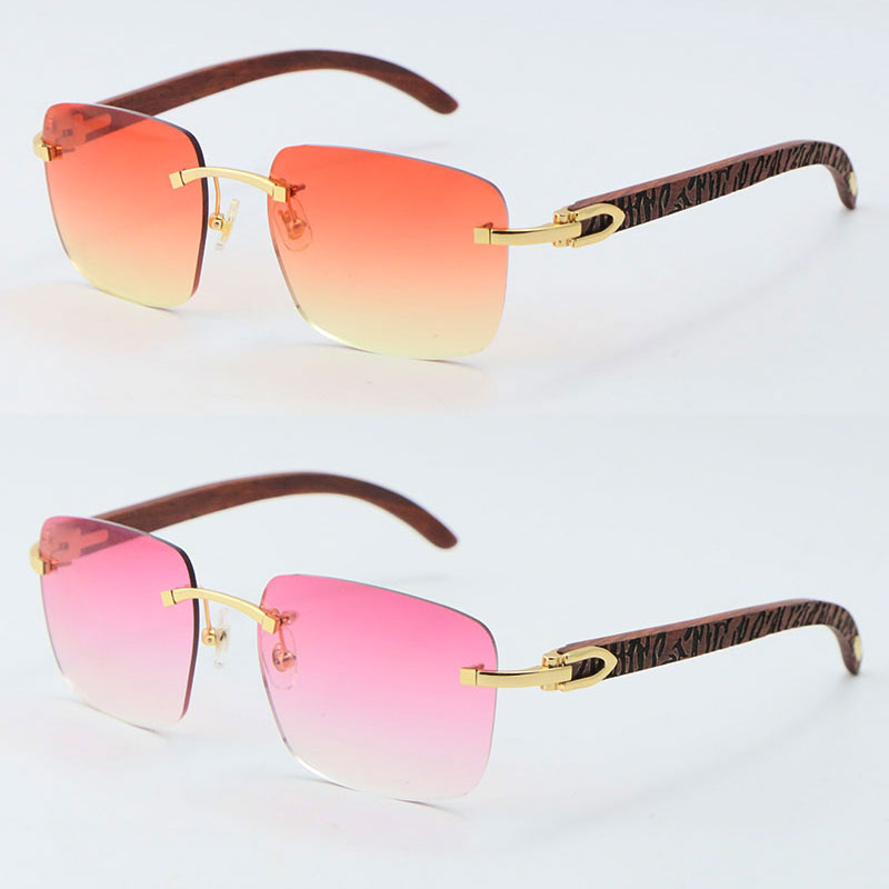 Wholesale High quality Metal Wood Rimless Sunglasses Unisex Ornamental Pink Color Lens Womens Sun glasses Classic C Decoration 18K Gold Frame UV400 Blue Lenses