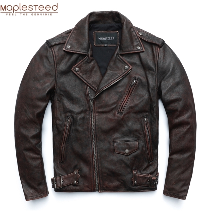 Vintage Motorcycle Jacket Men Genuine Leather Jackets 100% Cowhide Leather Coat Winter Biker Jacket Moto Clothing M456 201128