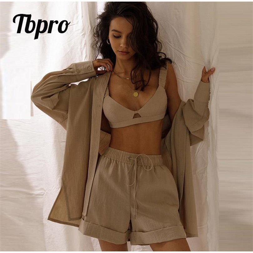 Summer Cotton Tracksuit Two Piece Set Female Long Sleeve Shirt Tops And Loose Mini Shorts Suit Women Casual Shorts Set 220817