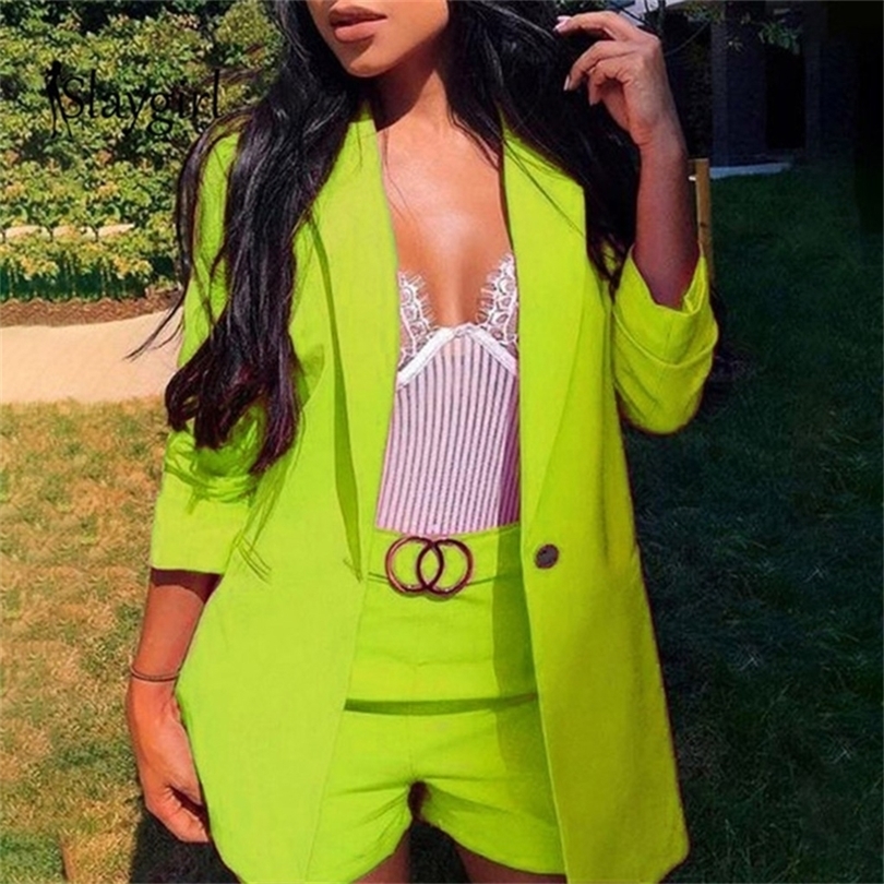 Summer Work Ol Two Piece Set Blazer Jacket And Shorts 2 Piece Set Women Belt 34 Sleeve Women Two Piece OutfitsG30 T200603