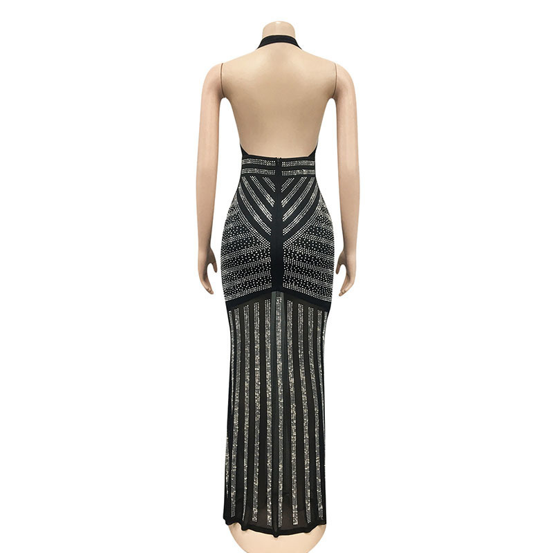 Kricesseen Sexy Black Halter Embelleshied Crystal Maxi Dress Women Backless See Through Bodycon Birthday Clubwear Church 220520