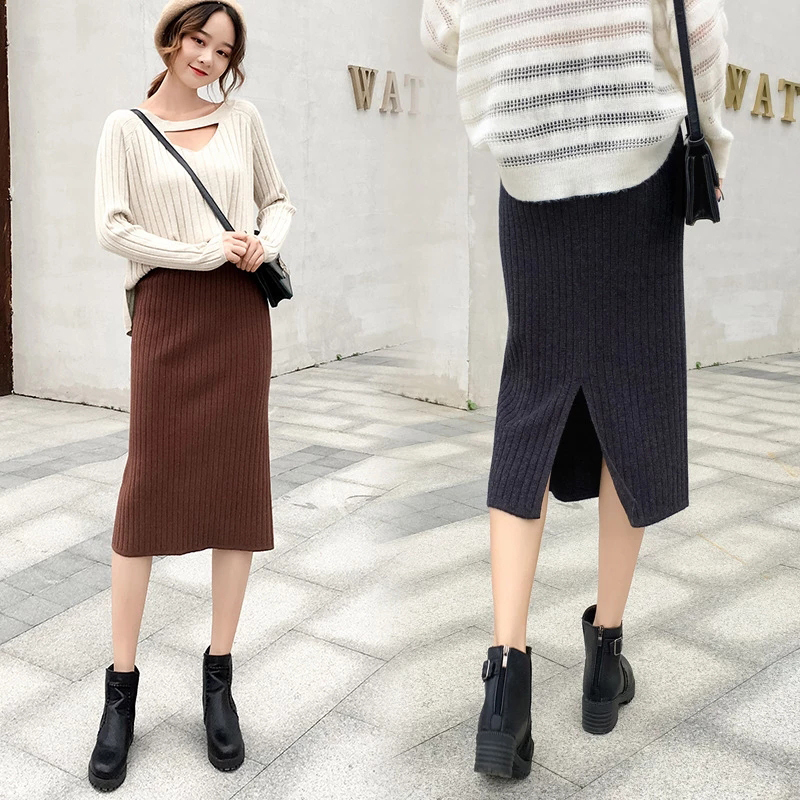 Women's Knit Straight Skirt With Slit High Waist Long Pencil Korean Style Beige Black Green Purple Tube 220317