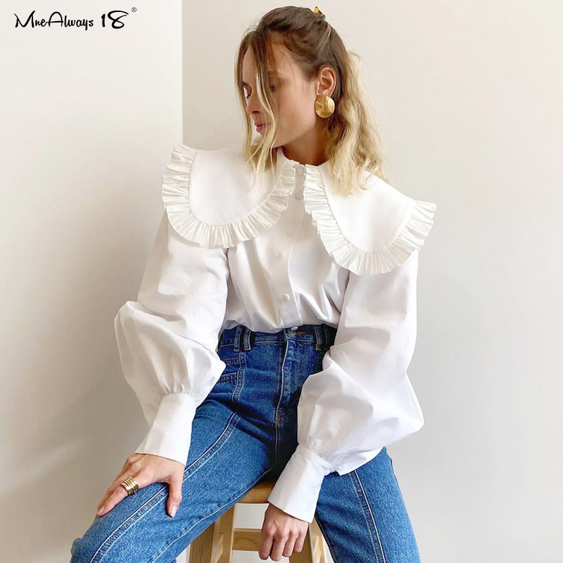Mnealways18 Big Peter Pan Collar Ruffle Womens Blouse Long Sleeve White Cotton Casual Tops Female Spring Summer Frill Shirt 220407