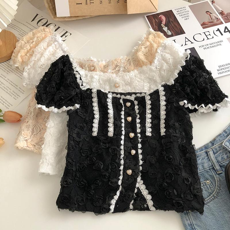 Women's Blouses & Shirts Lace Blouse Women Square Collar Top Short Sleeve Floral Causal Blusas Button Kawaii Woman Clothes Sweet Tops Dropsh, White 
Women's Blouses & Shirts Lace Blouse Women Square Collar Top Short Sleeve Floral Causal Blusas Button Kawaii Woman Clothes Sweet Tops Dropsh, White