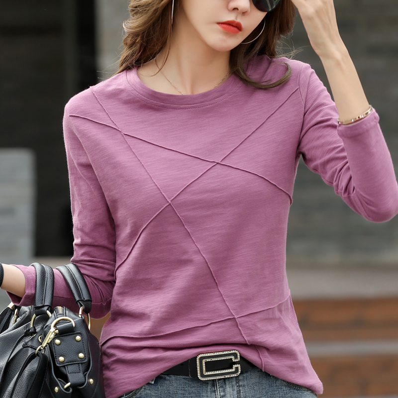 Ribbed Spring Fashion Bamboo Cotton T-Shirt Autumn Women O-Neck Loose Simple Purple Shirt Long Sleeve Lady Green Top 17279 220328