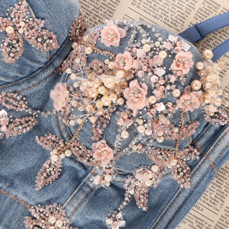 Flower beading Denim Jeans Scratched Women's Button Diamonds Ripped Push Up Bustier Night Club Party Crop Top Corset Camise 220316