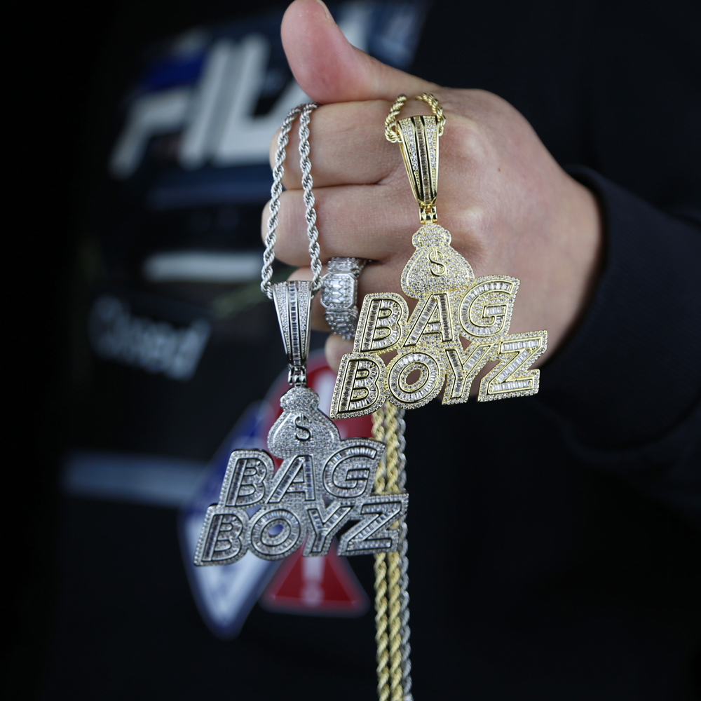 New CZ Letters Bag Boyz Pendant Necklace Iced Out Bling 5A Cubic Zircon Dollar Symbol Money Charm Fashion Hip Hop Men Jewelry