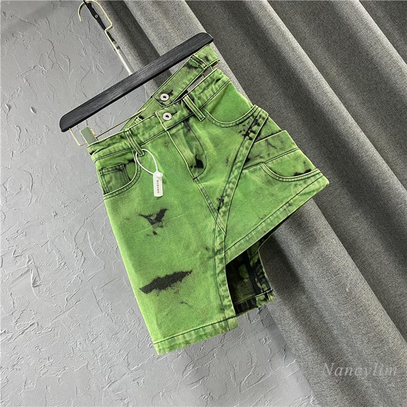 Skirts 2022 Summer European Style Green Denim Women Fashion Double Personalized Waist Asymmetric Mini Skirt GF103Skirts