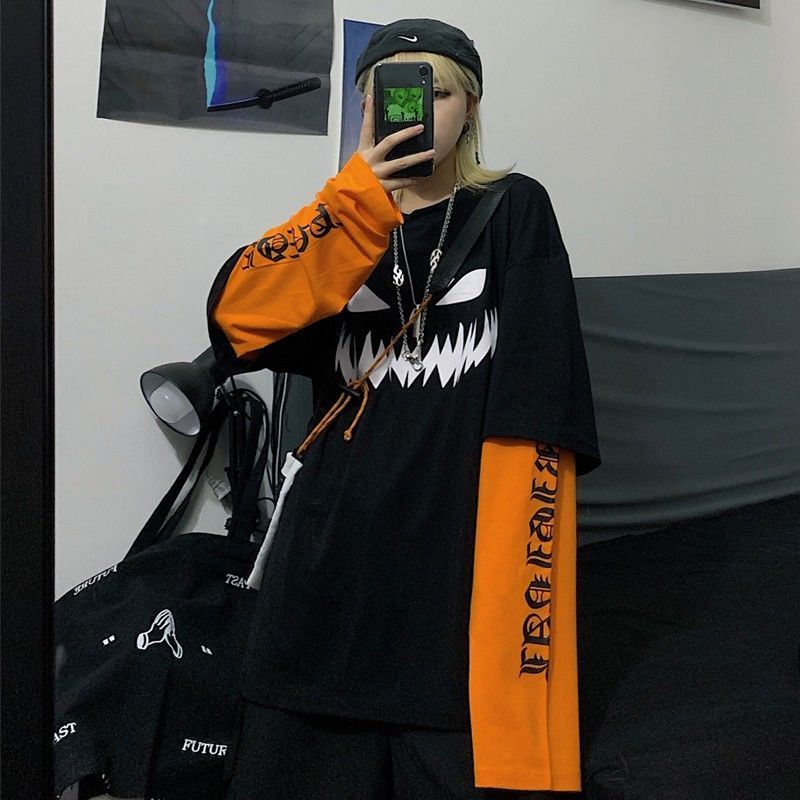 FERNAN Autumn Harajuku Goth T-shirts Women Halloween Grunge Punk Patchwork Long Sleeve Graphic Tshirt Mall Alt Clothes 220321