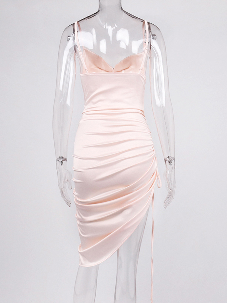 Asia Drawstring Satin Dress Ruched Spaghetti Strap Swinging Collar Black Asymmetrical Long Dresses for Women Party Sexy Robe 220511