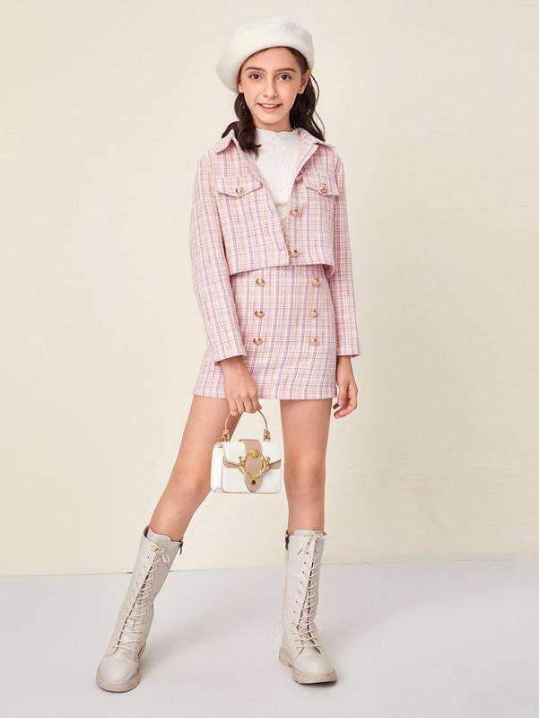 Girls Gold Button Detail Tweed Jacket & Skirt Set SHE
