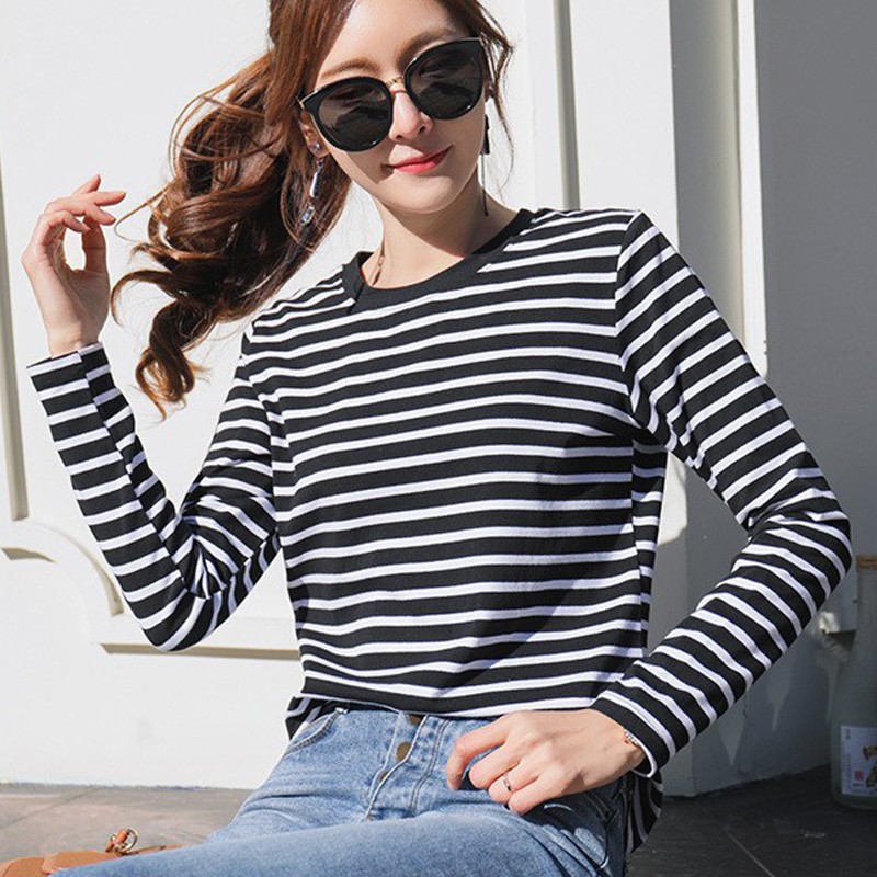 Women's Spring Long Sleeve T Shirt O-Neck Striped 95% Cotton Tops Casual T-Shirts Women Tees Blusa 220321
