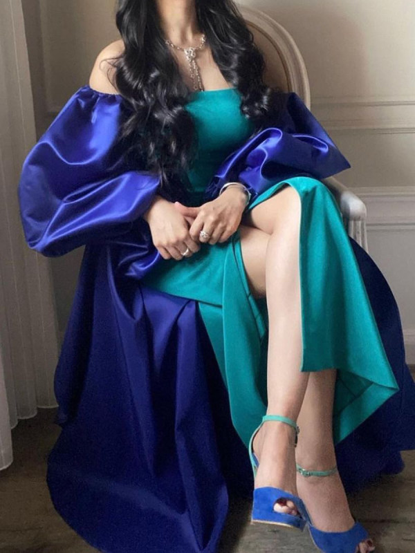 Elegant Hunter Sheath Prom Dresses With Royal Blue Wrap Cap Side Split Strapless Off Shoulder Long Sleeve Formal Evening Gowns Color Match Satin Party