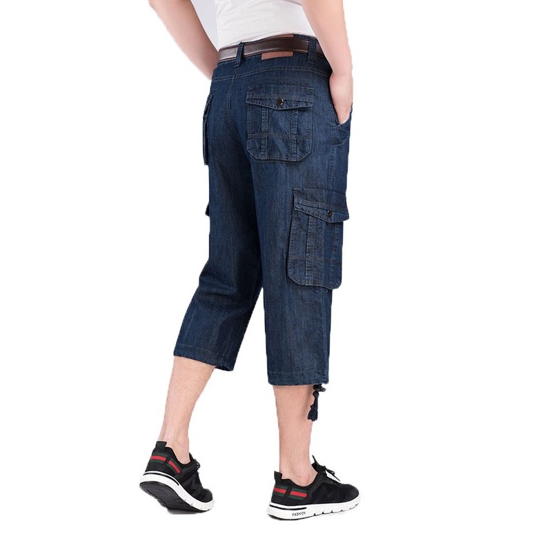 Jeans Shorts Men's Summer Breeches Multi Side Pocket Casual Bermuda Male Straight Long Blue Denim Loose Cargo Men 220318