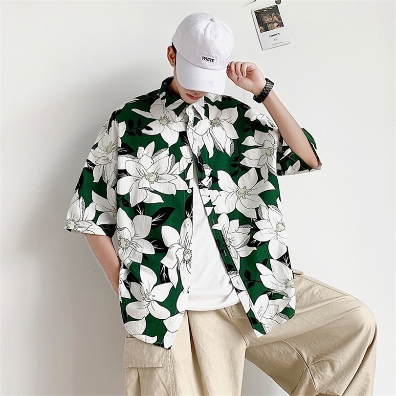 LAPPSTER Men Summer Floral Hawaiian Shirt Short Sleeve Summer Casual Harajuku Korean Style Shirt Vintage Beach Shirt Loose