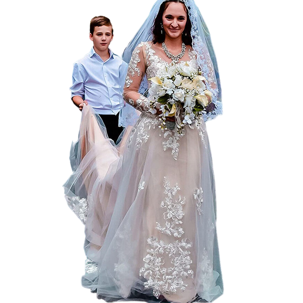 Romantic Long Sleeve Country A Line Wedding Dress Champagne Lining And Ivory Floral Lace Bridal Gowns Bohemian Fall Spring Long Train Bride Dresses