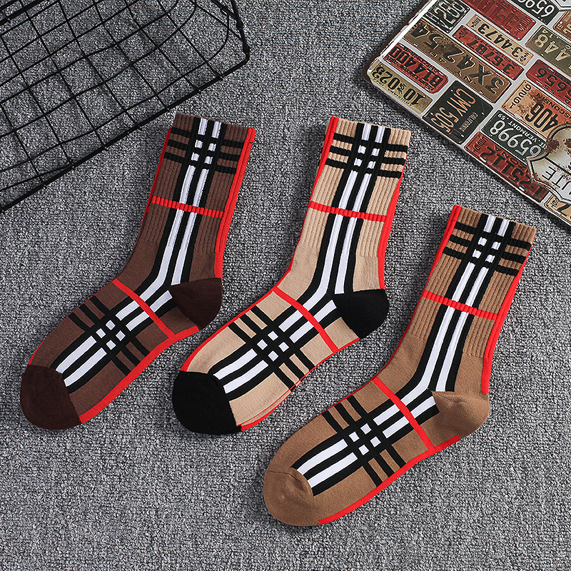 Trendy Plaid Socks Striped Brown Cotton Comfortable Socks Women Street Versatile Casual Sports Socks