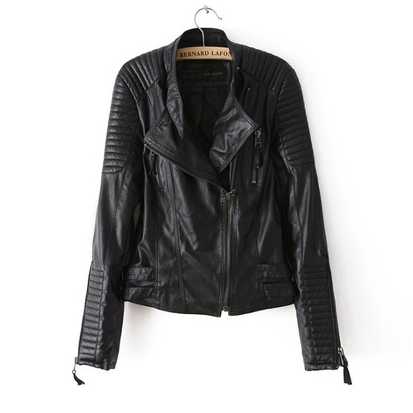 Ladies Leather Jackets Black Slim Moto Bikers Jacket Women Long Sleeved Zipper Spring Autumn Outerwear Leather Coats 220815