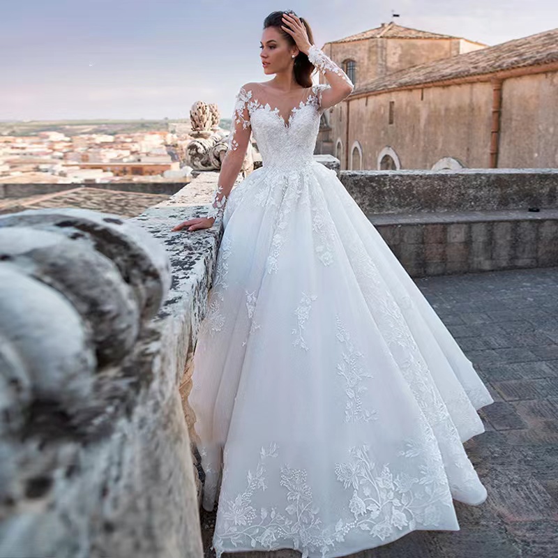 New Elegant Wedding Dress For Women 2022 Appliques Long Sleeve Lace Bridal Princess Gowns Formal Party Dresses Vestido De Noiva