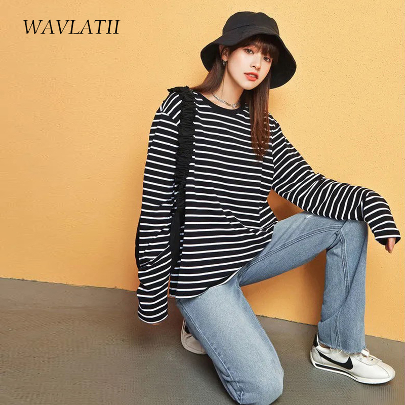 WAVLATII Women Long Sleeve T shirts Female Cotton White Black Striped Tees Lady Oversized Spring Casual Tops WLT2107 220328