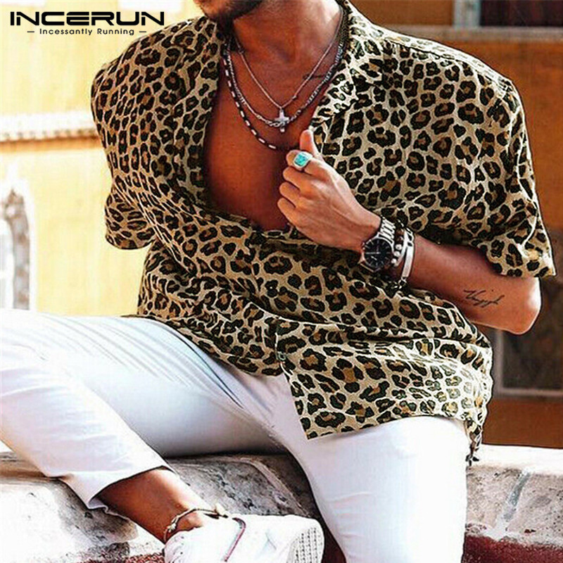 Summer Short Sleeve Leopard Print Shirt Men Lapel Neck Loose Button Up Blouse Breathable Streetwear Sexy Shirts Men INCERUN 220611
