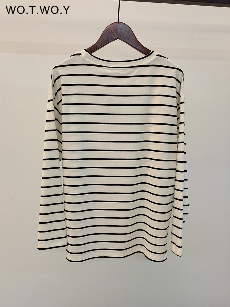 WOTWOY Casual Striped Oversized T Shirt Women Autumn Soft Cotton Tee Female Long sleeved Basic Loose Knitted Tops 220728