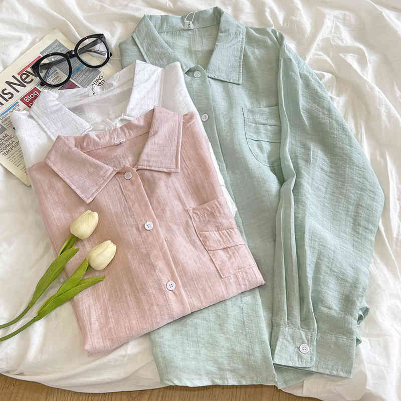 Women's Blouses Shirts 2022 self made super comfortable fabric fresh solid color light Tencel loose long sleeve shirt sunscreen Shirt Top SRBC