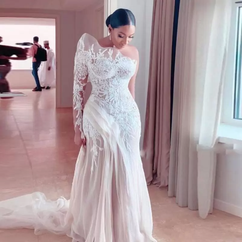Spring Retro Lace One Shoulder Mermaid Wedding Dresses Saudi Arabia Illusion Long Sleeve Tulle Sweep Train Bridal Gowns BC5642