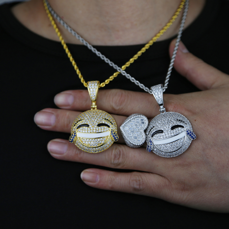 Iced Out Bling 5A Cubic Zirconia Smiling Face Necklaces Pendants Micro Pave Clear Cz for Men Hip Hop Rapper Jewelry