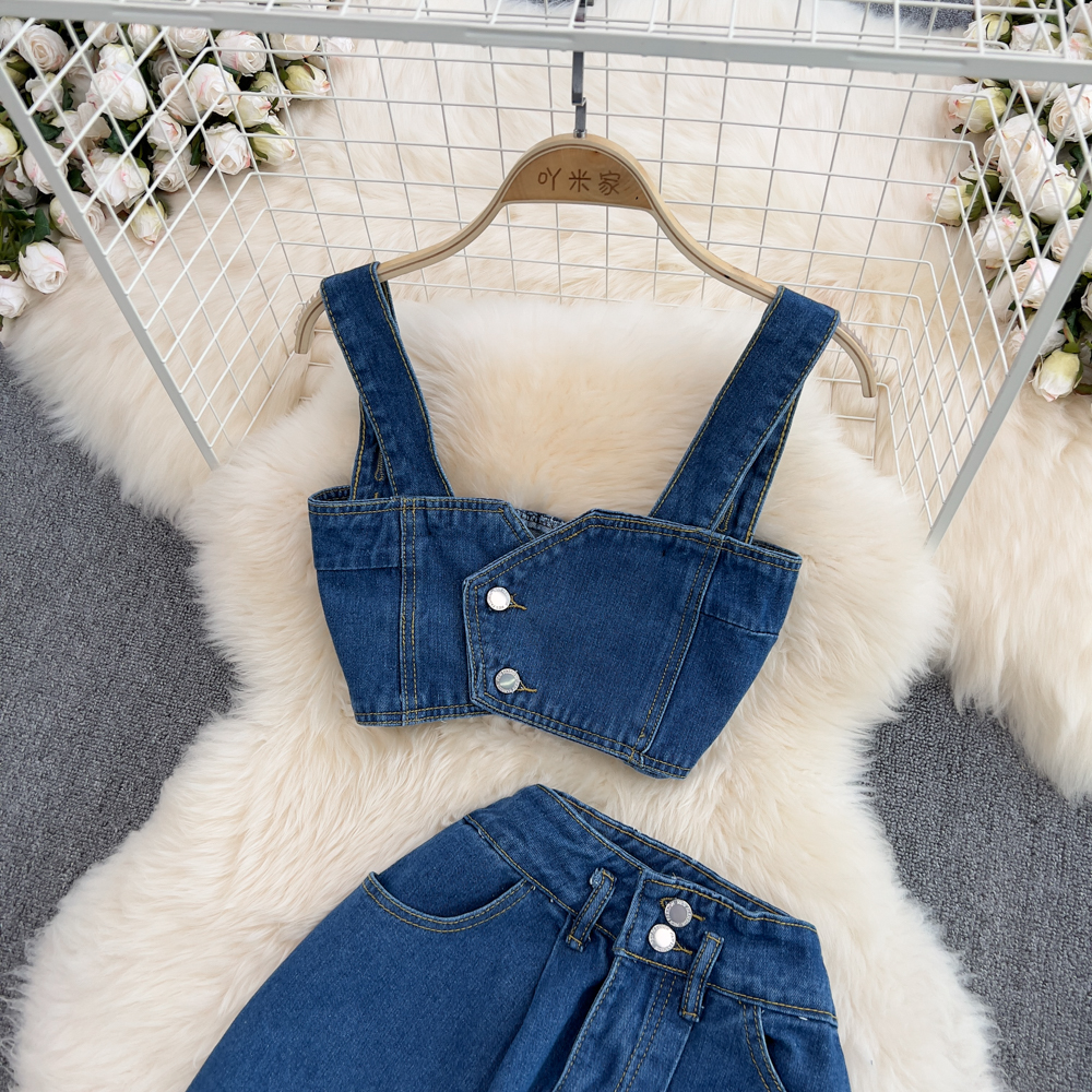 New design womens short spaghetti strap denim jeans bustier vest and wide leg long pants 2 pcs twinset SML