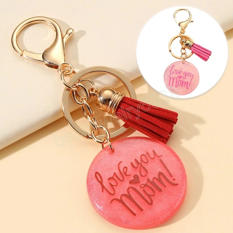Women Transparent Round Keychain "Love you mom" Letter Charm Resin Key Chain Car Bag Pendant Keyring Mother's Jewelry Gift