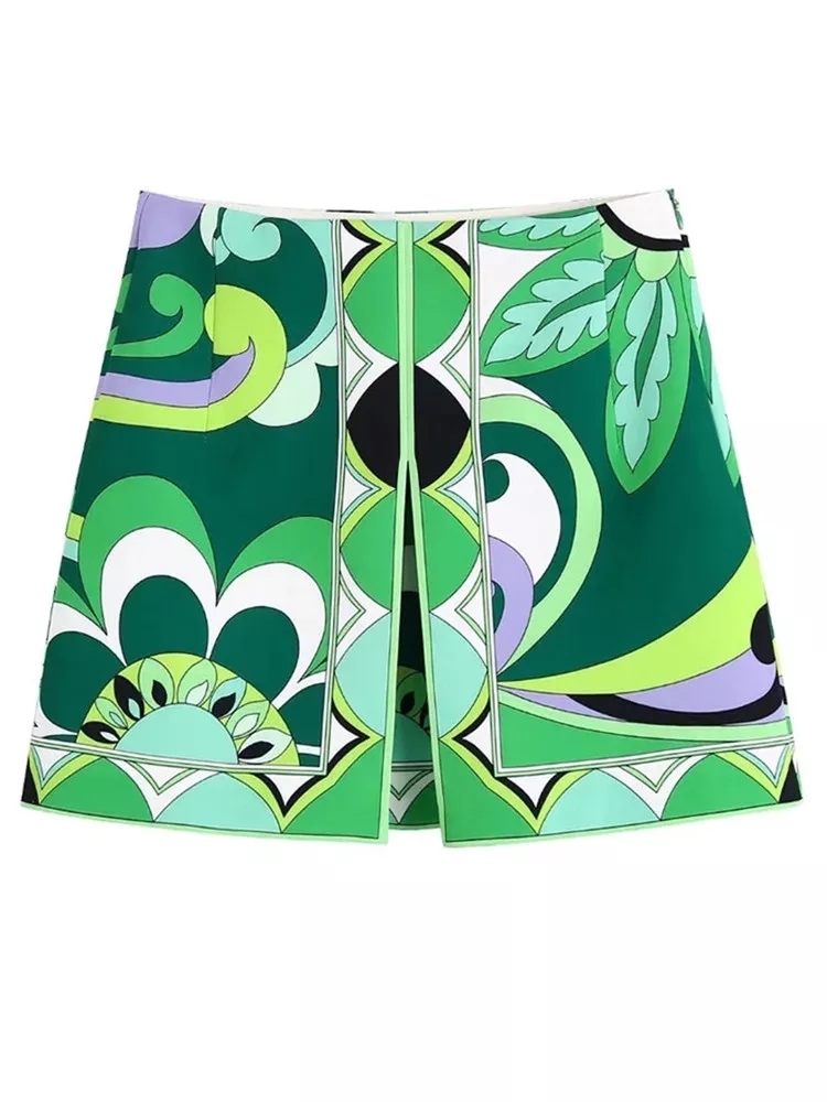 TRAF Green Print Short Skirt Women Retro High Waist Mini s Womens Summer Beach Woman Fashion Streetwear 220427