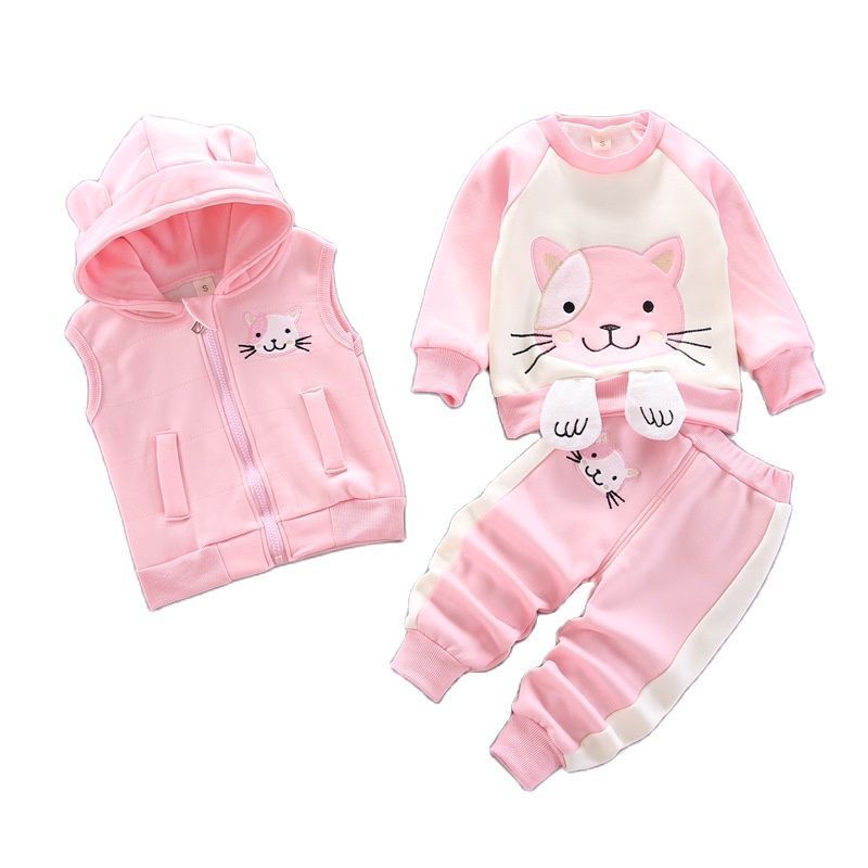 Boy Clothes Autumn Cotton Thick Warm Casual Hooded Sweater Winter Cartoon Cute Bear ThreePiece Baby Girl Suit 04Y 220721
