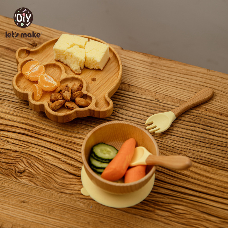 Let's Make Baby Dinner Plates Set Wooden Cartoon Dinner Plate Fork Spoon Children Feeding Plate Safe Edible Silicone Product 220512