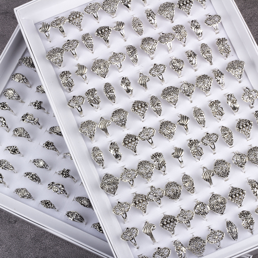 100Pcs Mix style Flower Elegant Alloy Band Rings Vintage Rings for women Jewelry Whole lots