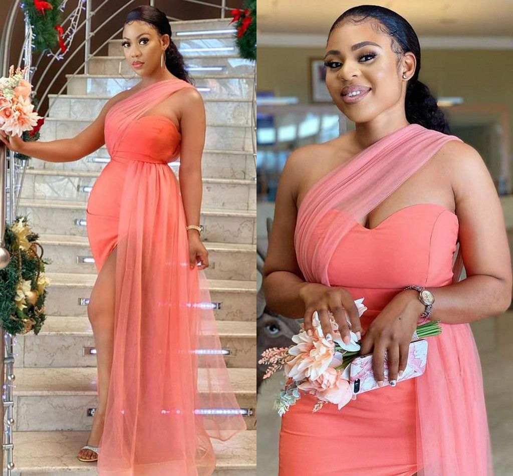 Watermelon Mermaid One Shoulder Bridesmaid Dresses Side Split Overskirt junior Maid of Honor Gown Simple Wedding Guest Dress