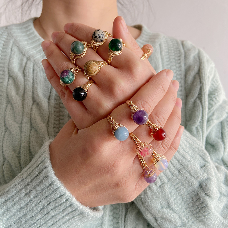 Fashion Natural Crystal Stone Rings Golden Color Wire Wrap Adjustable Open Rings For Women Men Couple Wedding Ring Jewelry Gift