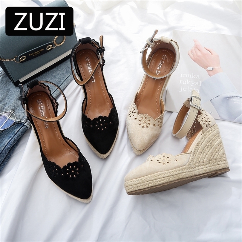 ZUZI Women's Espadrilles Wedge Sandals Skirt Hollow Single Shoes Fashion Pointed High Heels Thick Bottom Straw 220328