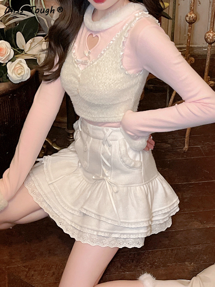 Japanese Sweet Lolita Mini Skirt Women Winter Lace Casual Elegant Kawaii Female High Waist Bandage Korean Y2k 220317
